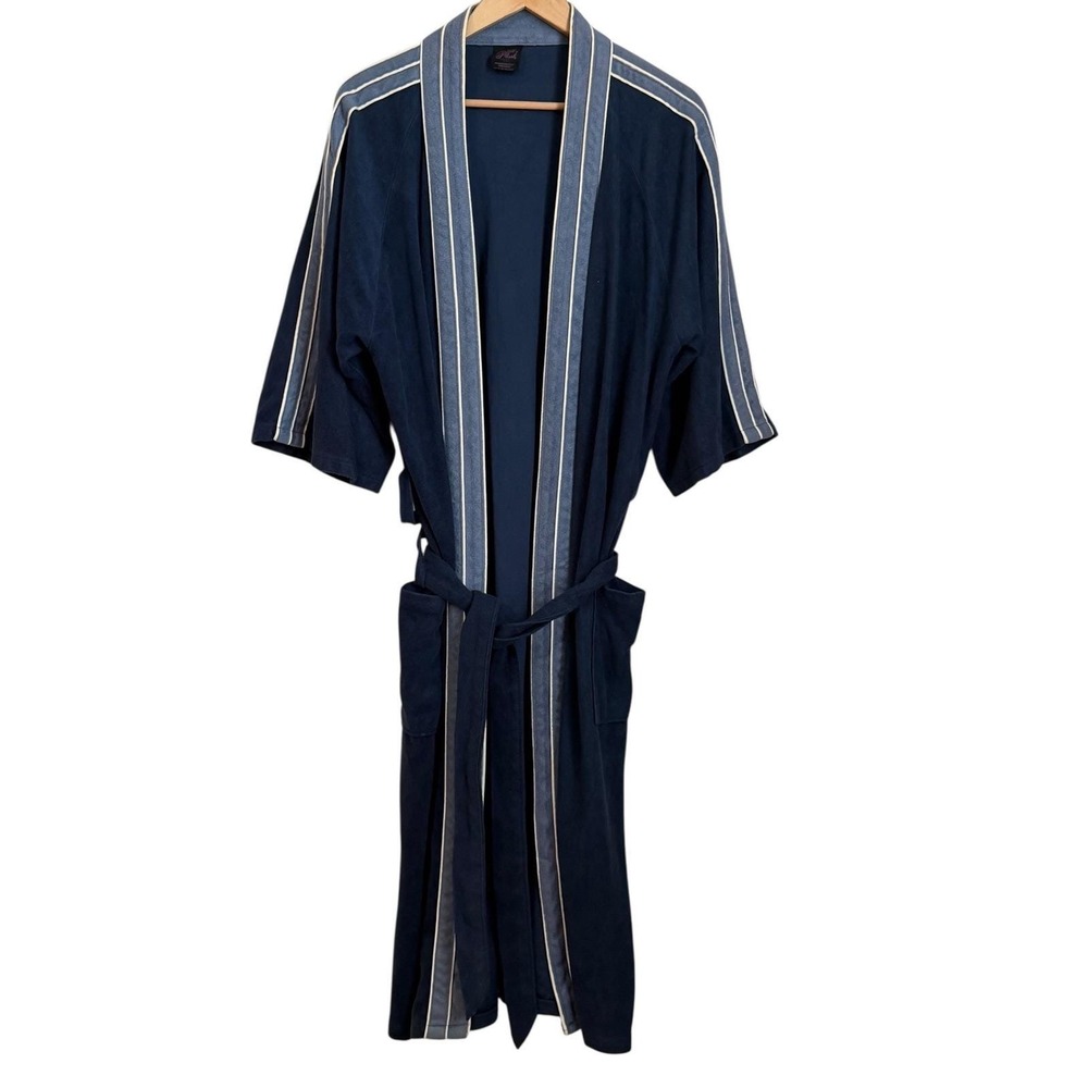 VTG Royal Plush Racing Stripe Robe Loungewear Mens Size OS Blue Belted Bathrobe
